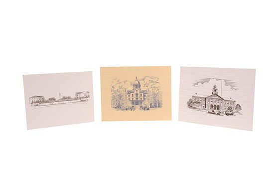 Three drawings of a church, one with a building on it.