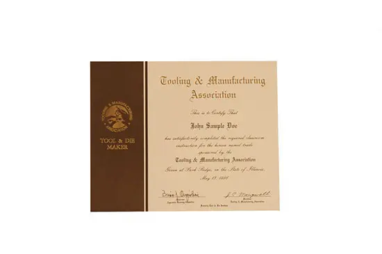 A certificate of excellence for the testing and manufacturing association.