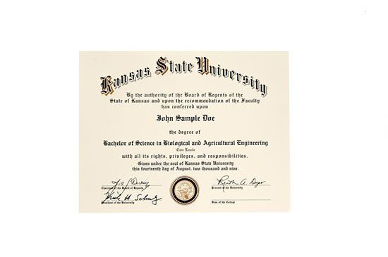 A kansas state university diploma with the name of john temple.