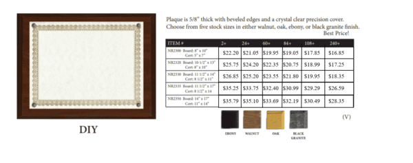 A table with the price of a plaque and size chart.