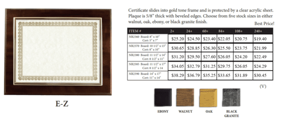 A table with some of the different colors and sizes of plaques.