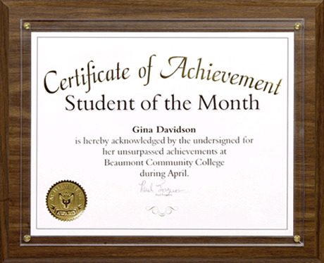 A certificate of achievement for a student of the month.