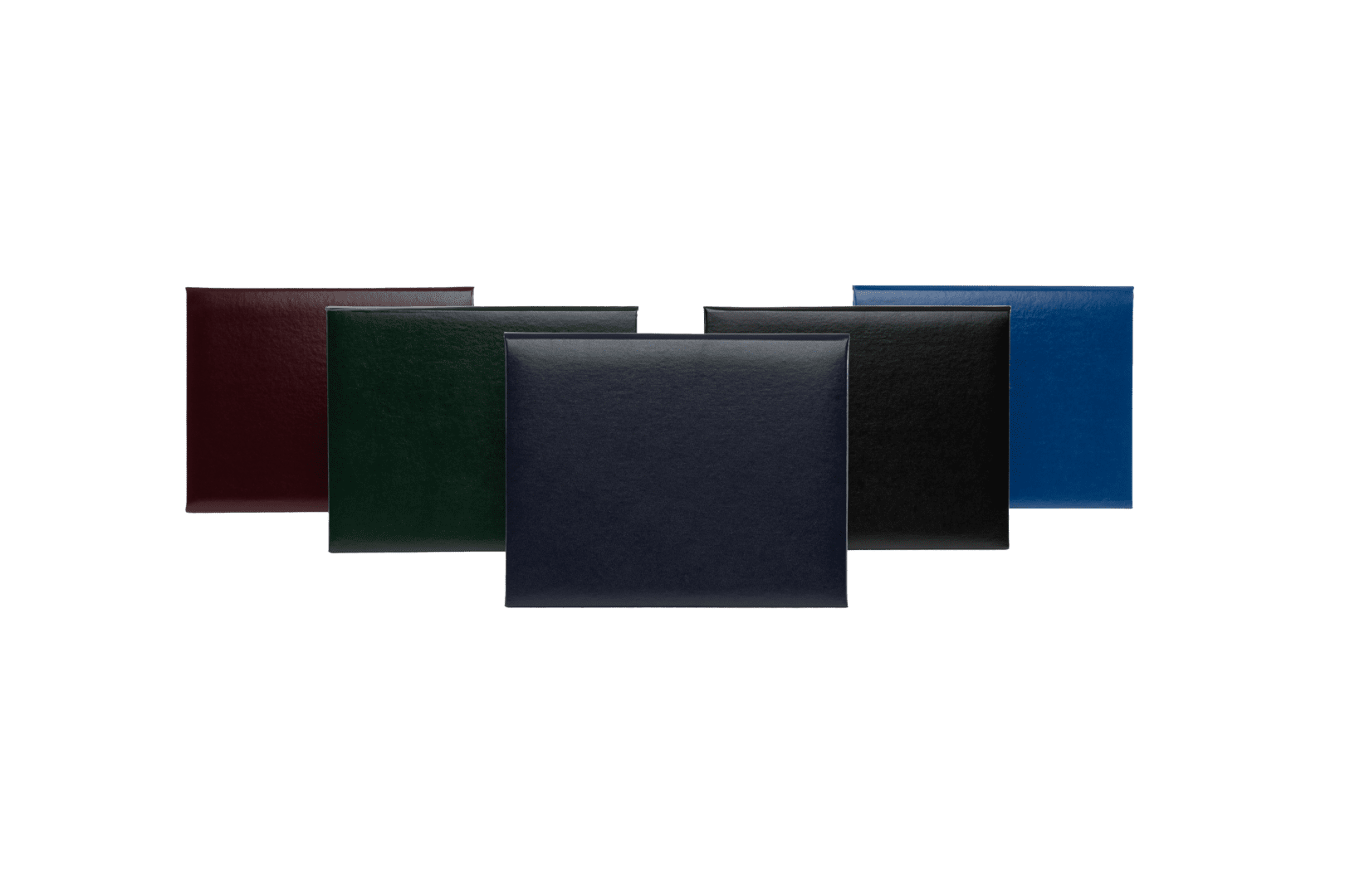 A group of five different colored leather cases.