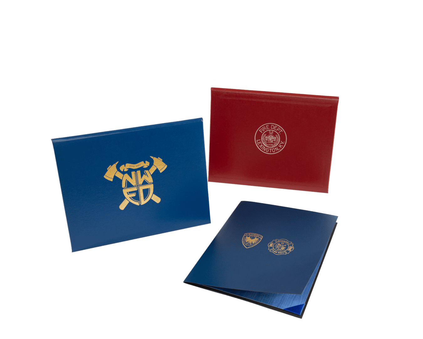 Three different colored covers of a diploma and certificate.