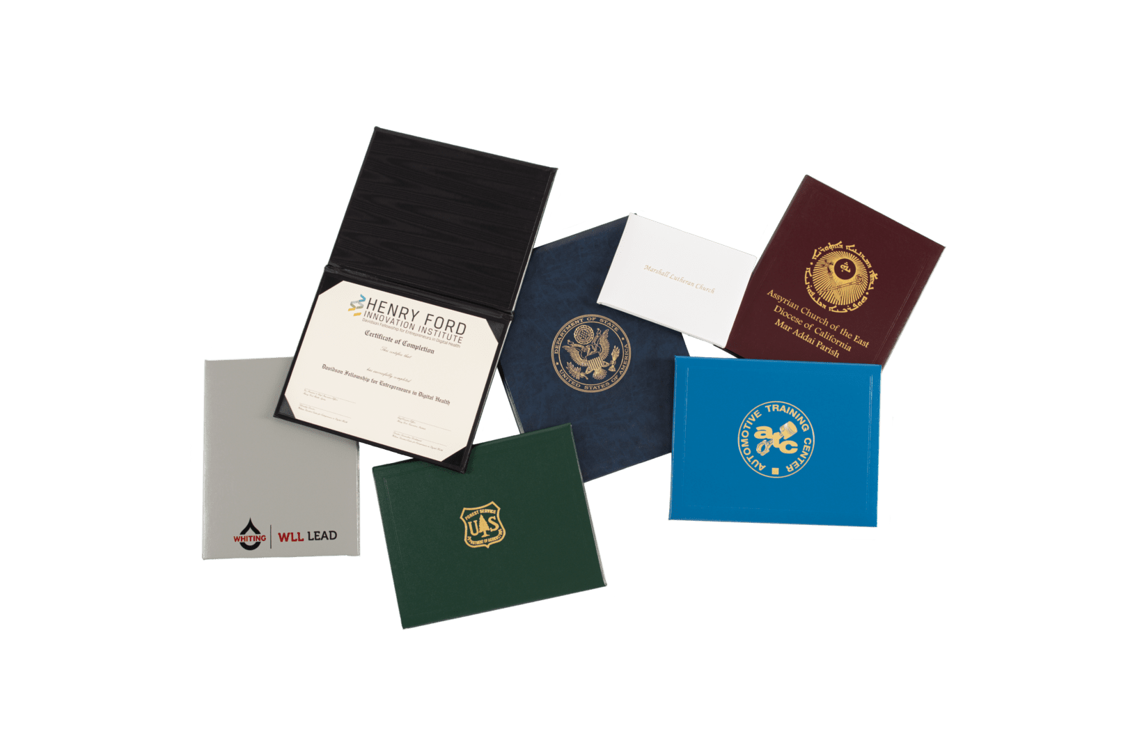 A group of different types of passport covers.