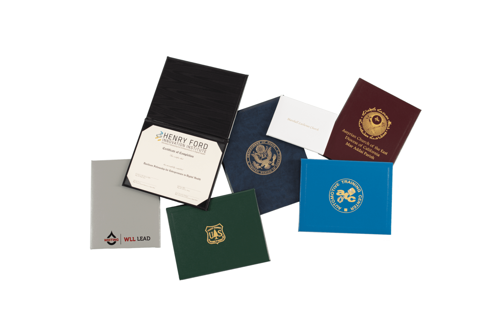 A group of different types of passport covers.